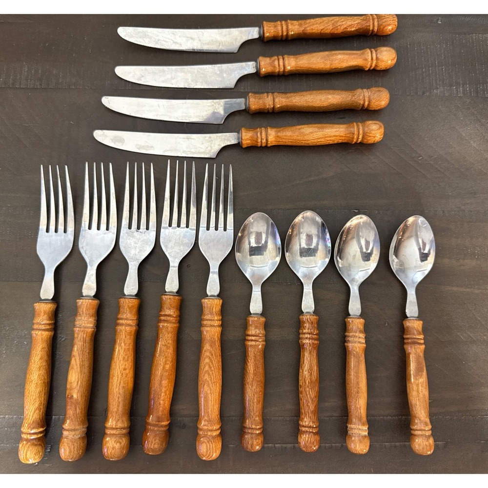 Vintage ~Old Homestead Flatware~ Stainless Wooden Handle Taiwan~Lot Of 13 Pieces
